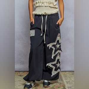 Pol Nwt Jogger Pants Black Denim Star Patches Drawstring Size small - Large